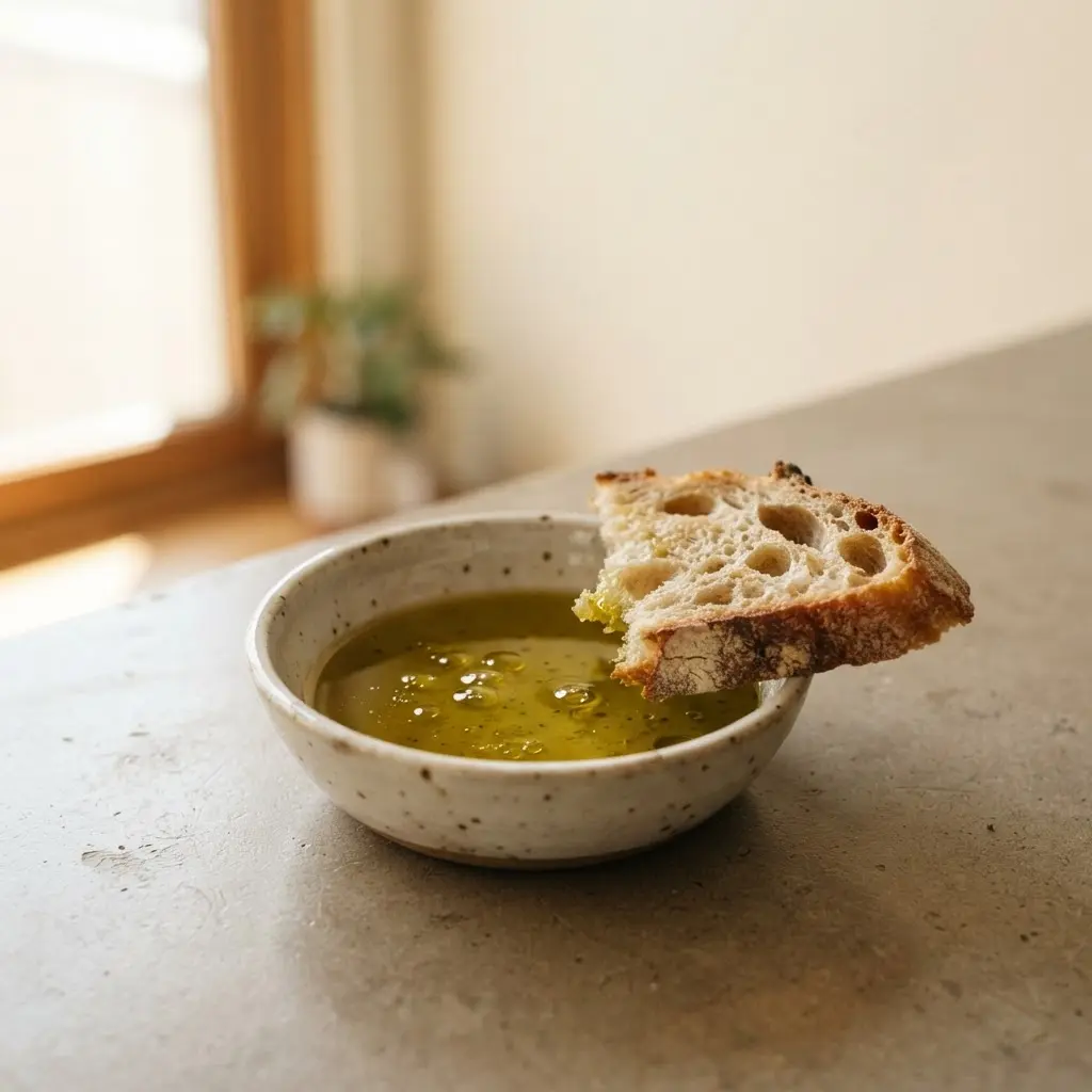 A close-up of a glass bottle of extra virgin olive oil being drizzled, highlighting its role as the primary source of healthy fat in this eating pattern.
