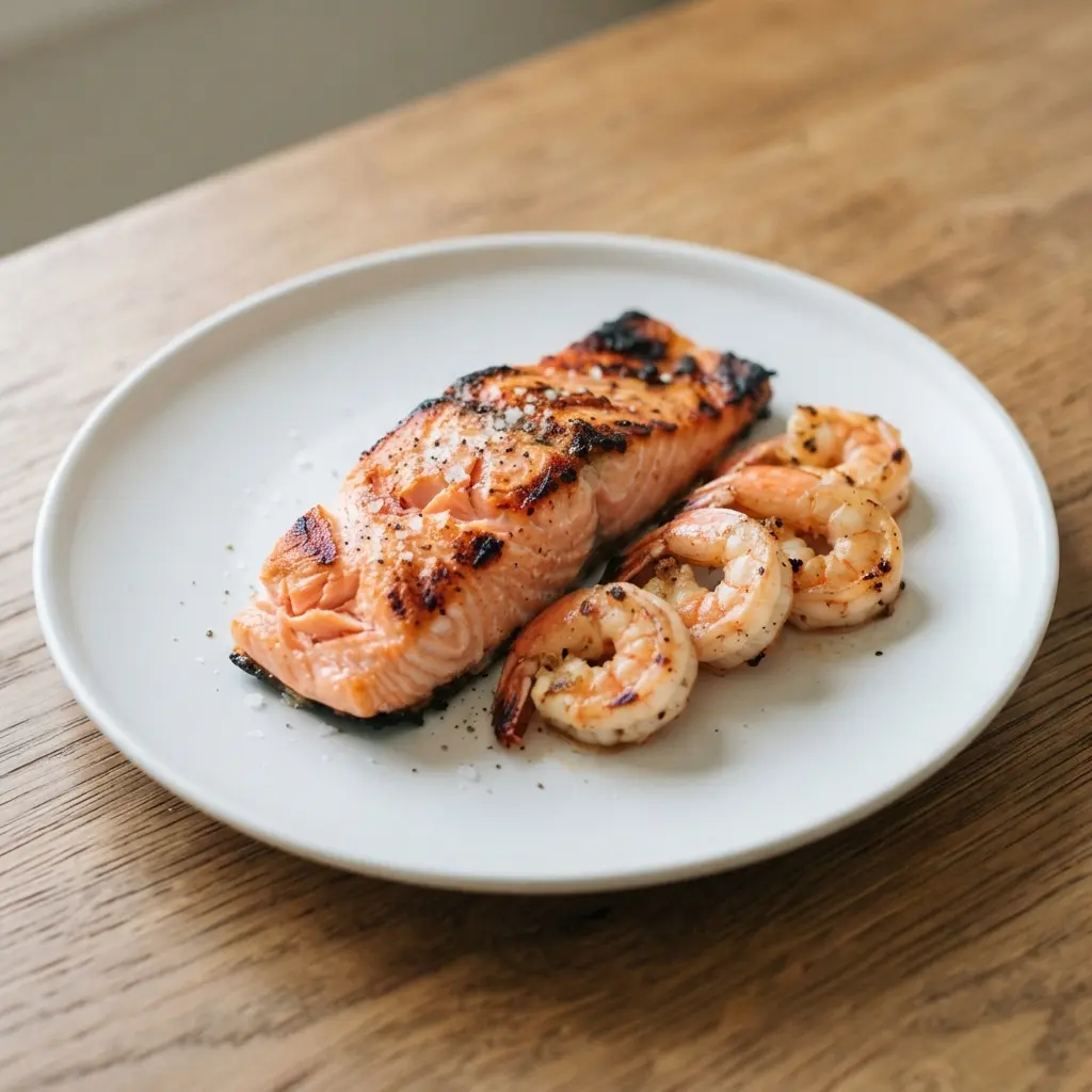 Perfectly grilled salmon fillet and shrimp on a plate, illustrating the recommended lean seafood proteins within the Mediterranean lifestyle.