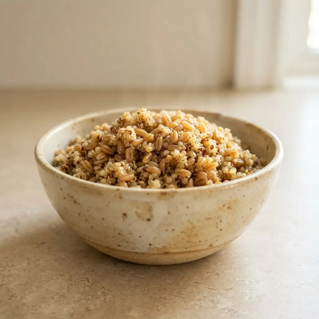 A rustic bowl filled with cooked whole grains like farro and quinoa, showcasing their fiber-rich, unprocessed nature.