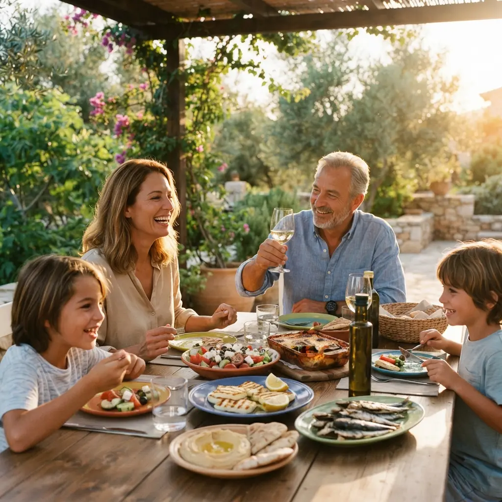 People enjoying a leisurely meal together outdoors, reflecting the social and mindful eating habits integral to this lifestyle.