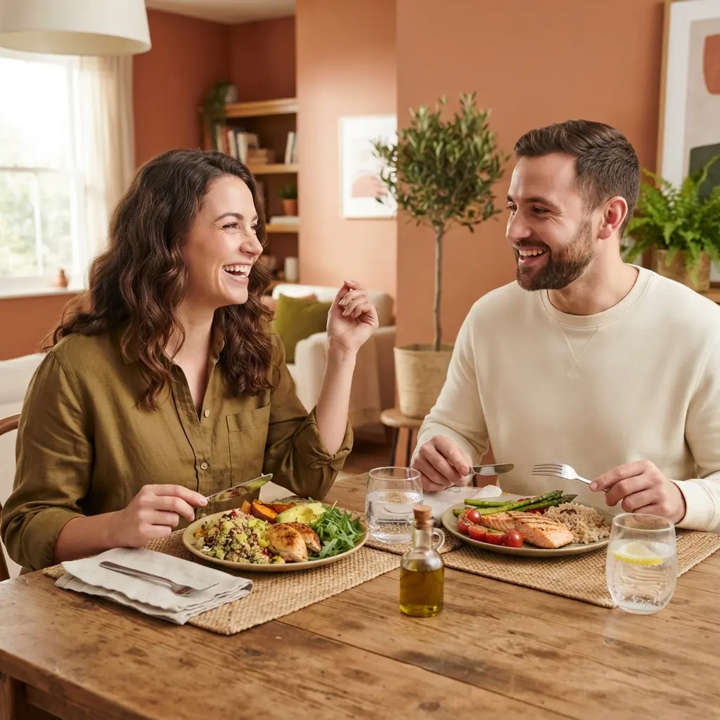 Two people sharing a healthy meal in a positive social setting.