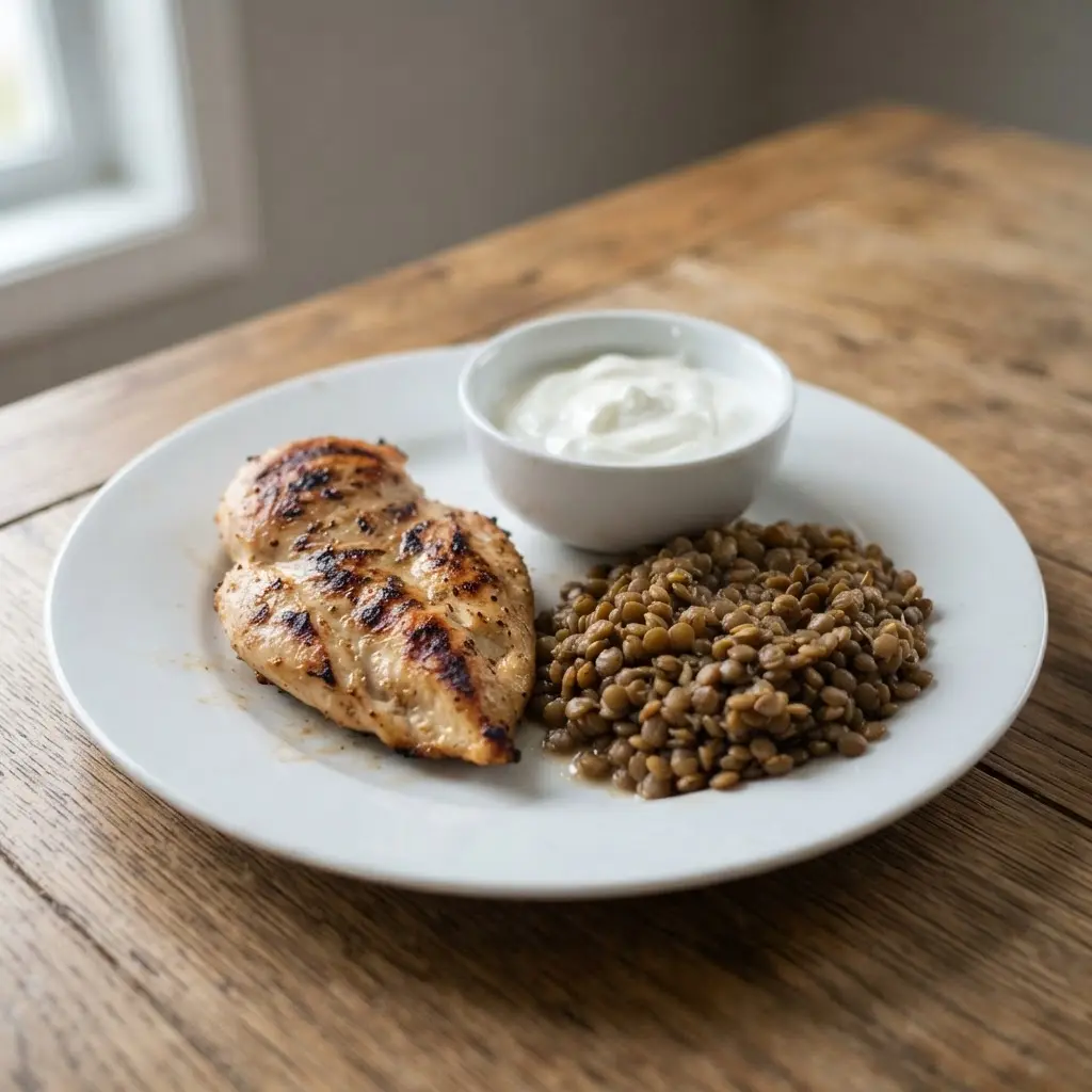 A variety of high-protein foods like chicken, lentils, and yogurt on a plate.