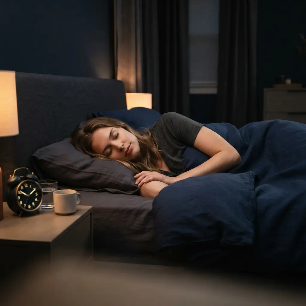 A calm bedroom setup promoting good sleep hygiene and metabolic health.