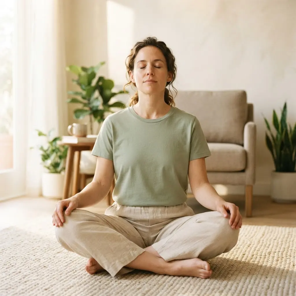 An individual using a stress-management technique like deep breathing.