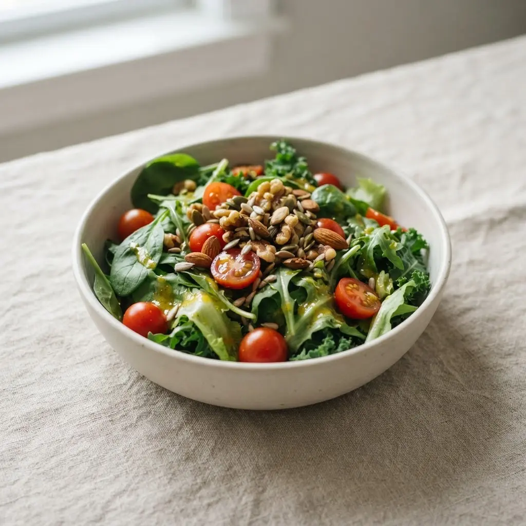 A vibrant salad full of vegetables and seeds providing essential vitamins and minerals.