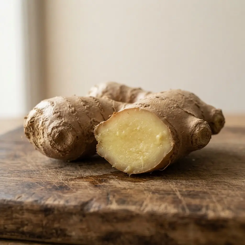 A piece of fresh ginger root with its knobby texture, sliced open to reveal the pale yellow interior.