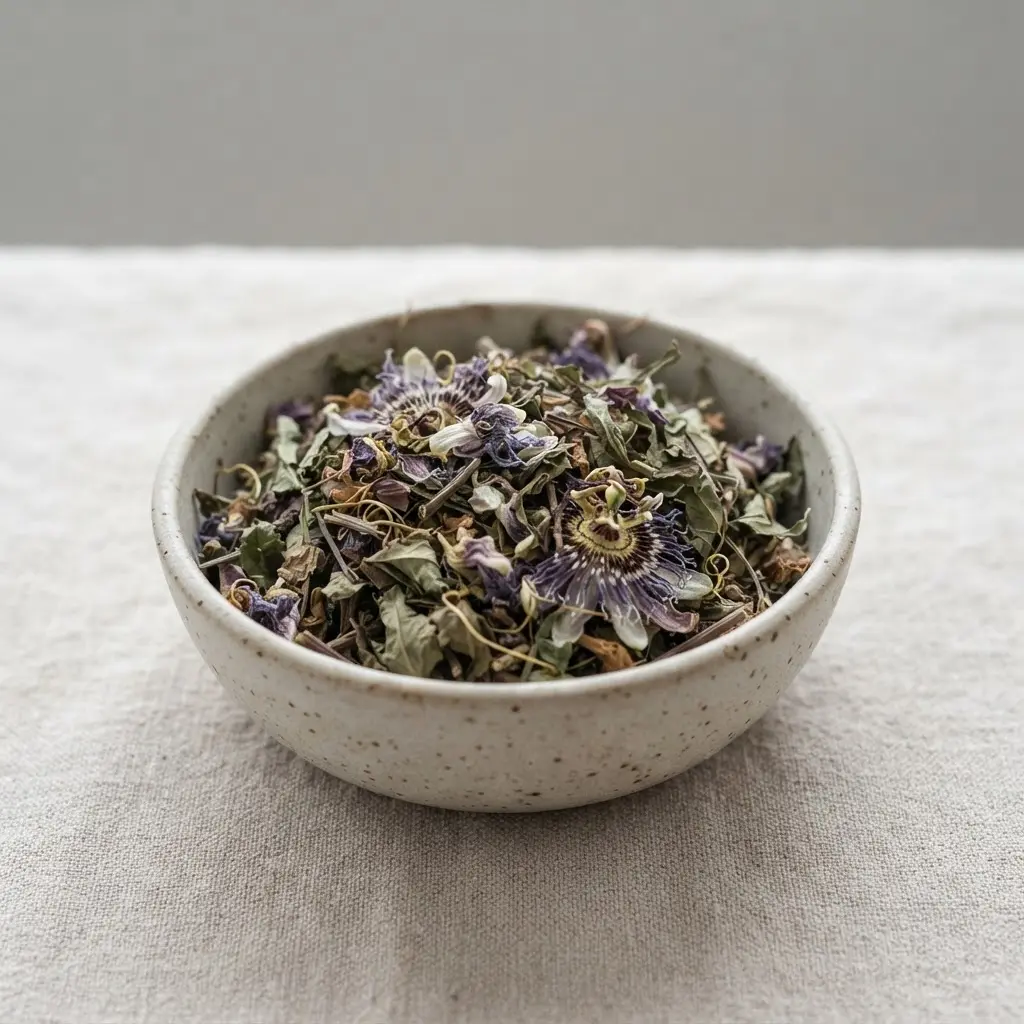 A small bowl containing dried passionflower, including leaves, stems, and parts of its intricate purple and white blooms.