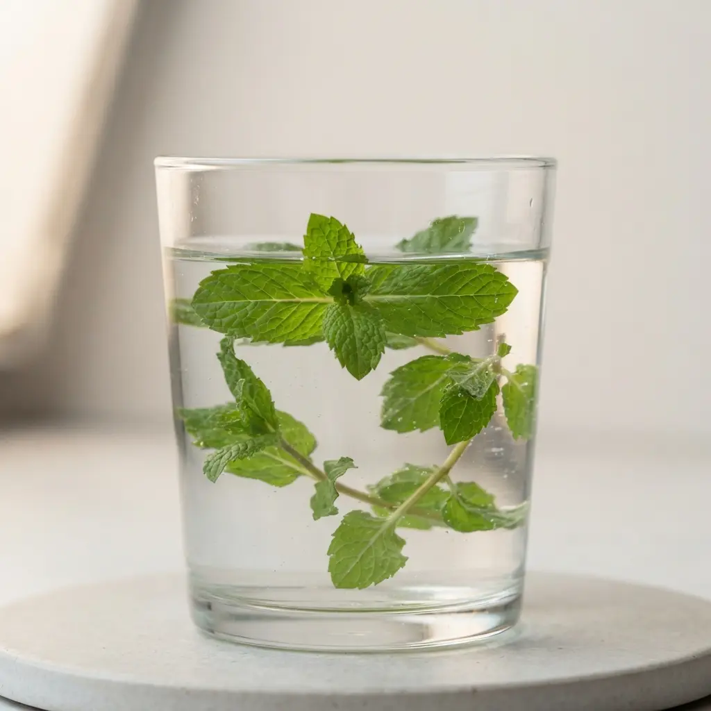 Vibrant green peppermint leaves floating in a glass of water, a classic way to enjoy this soothing plant.