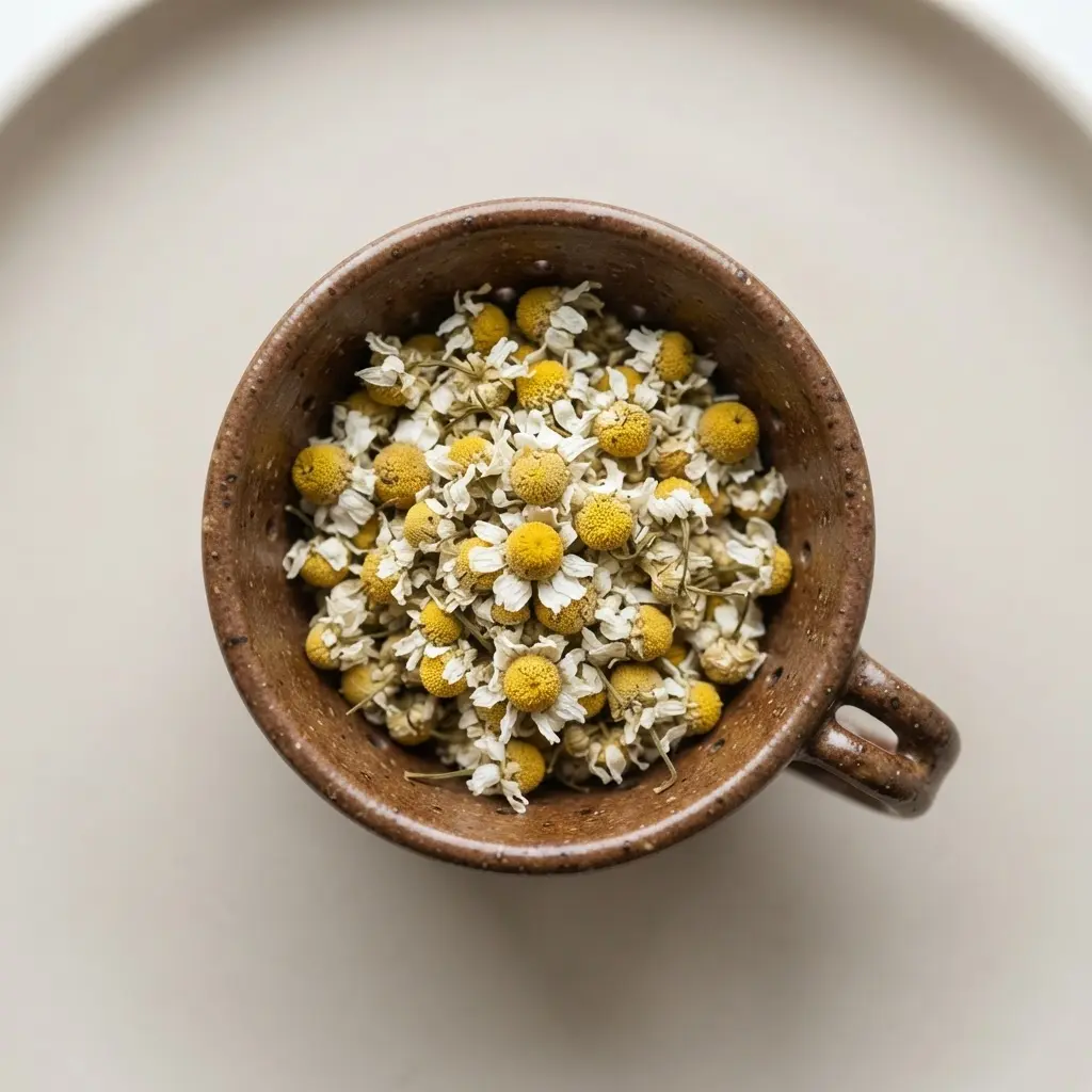 Small, dried chamomile flowers with white petals and yellow centers resting in a brown ceramic tea infuser.