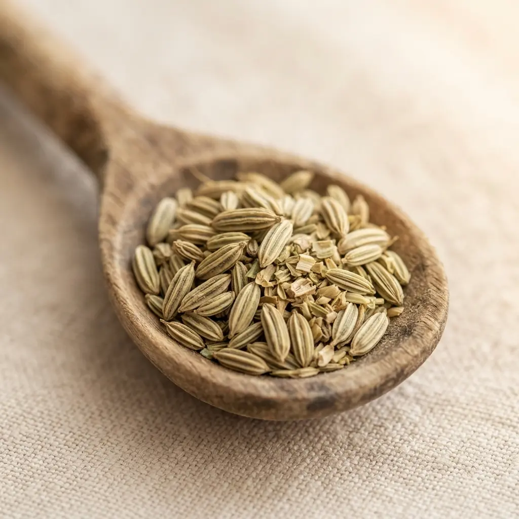 A mix of whole and lightly crushed fennel seeds, showcasing their pale green color and ridged texture.