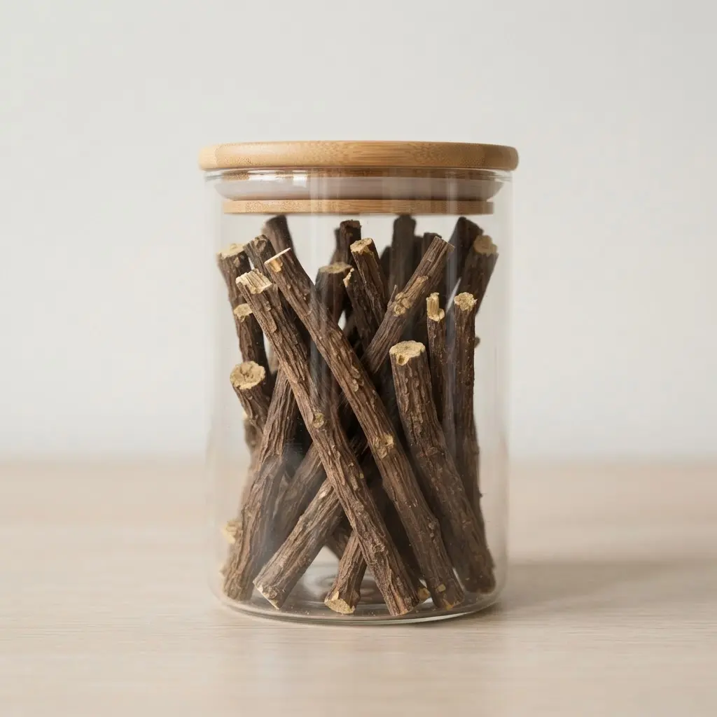 Several pieces of dark brown, dried licorice root stored in a clear glass jar with a wooden lid.