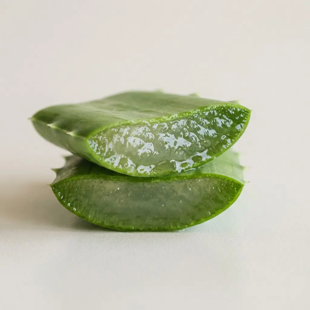 A thick, green aloe vera leaf cut open to reveal the clear, gelatinous interior often used for its soothing properties.