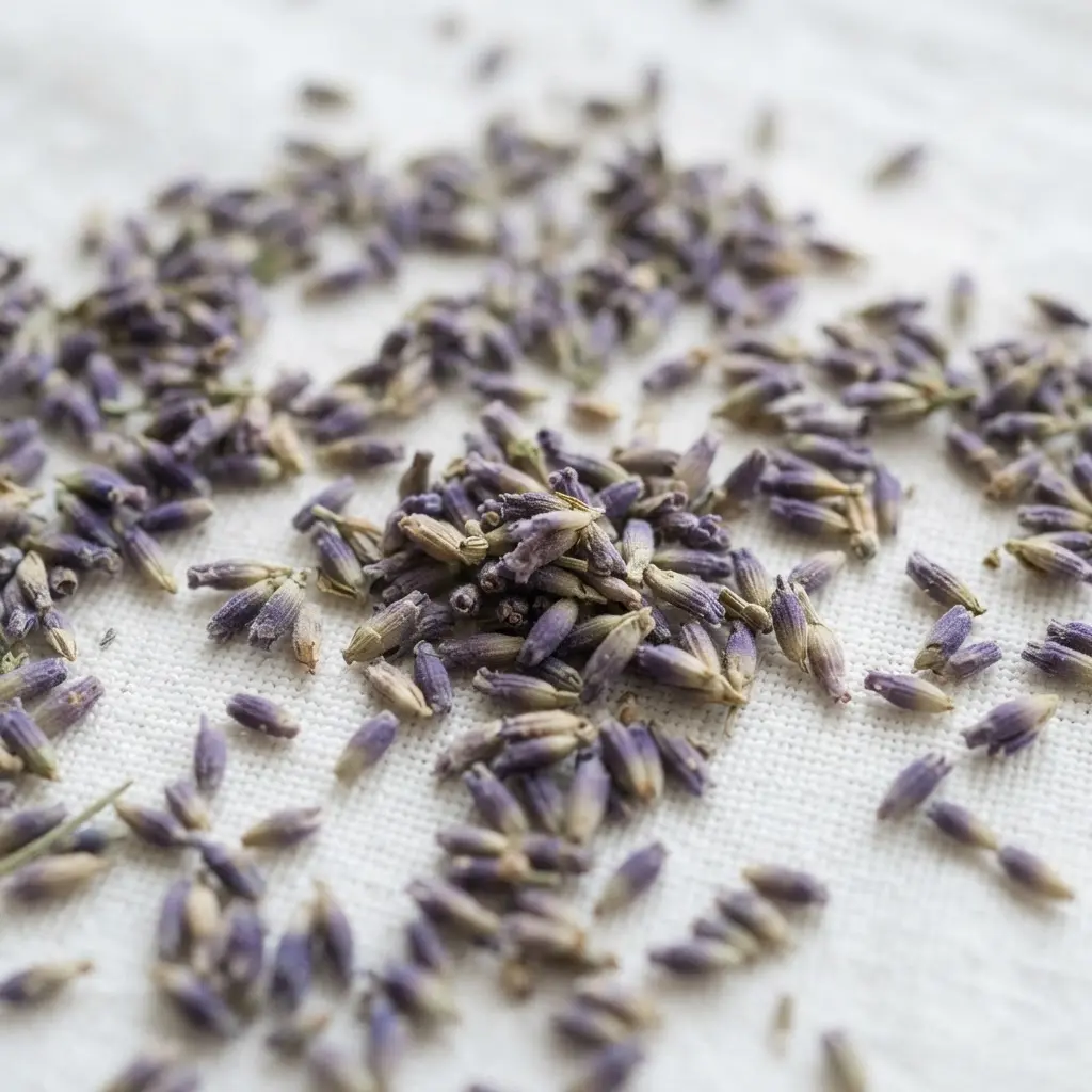 Dried purple lavender flower buds scattered across a textured white linen cloth, emitting a calming fragrance.