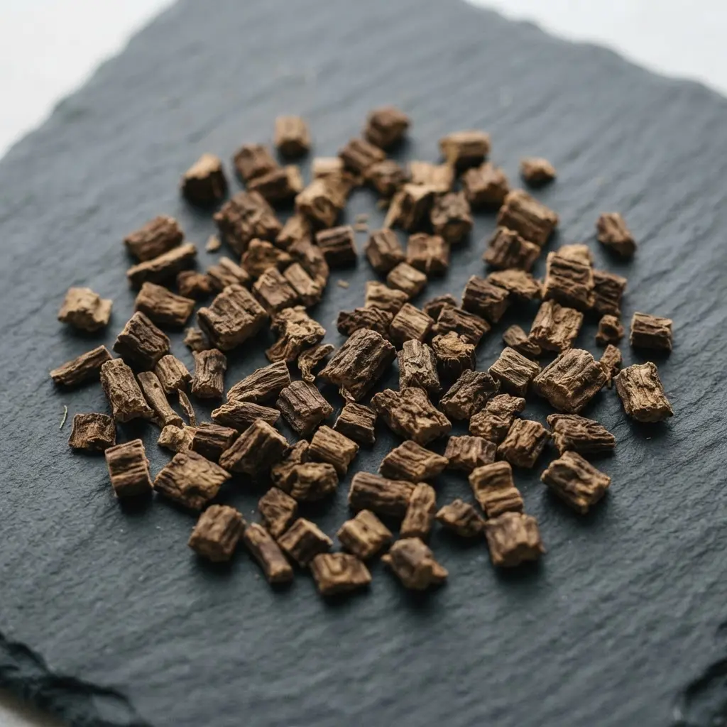 Small, chopped pieces of earthy brown valerian root arranged on a dark grey slate background.