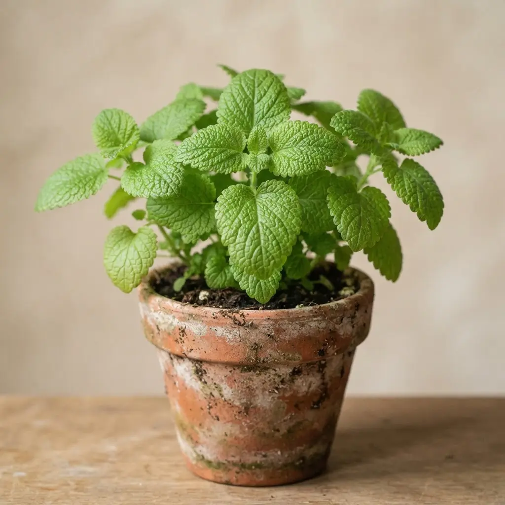 Bright green, heart-shaped lemon balm leaves with a slightly wrinkled texture, thriving in a small terracotta pot.