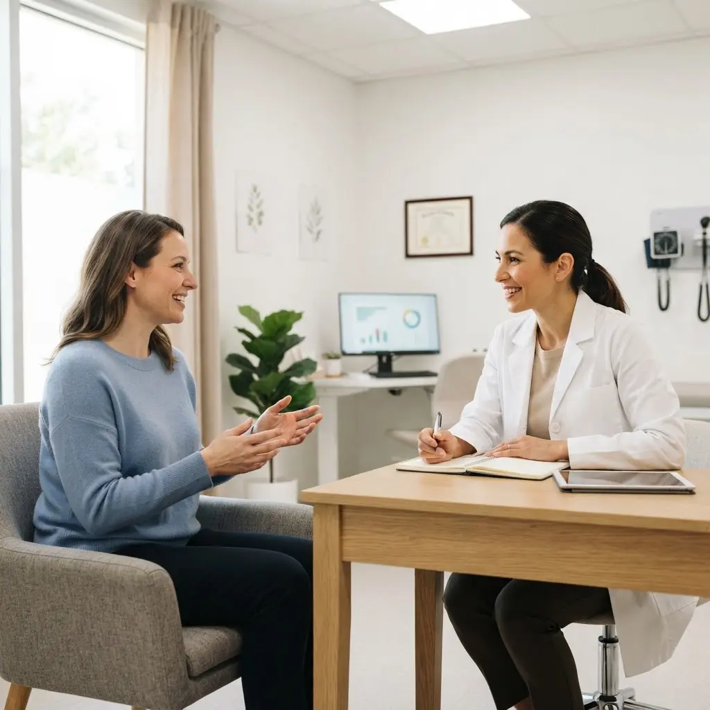 A patient and a healthcare professional discussing health goals in a consultation room.
