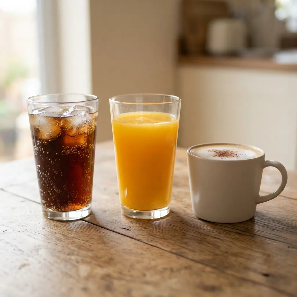 Various beverages including soda, fruit juice, and a sweetened latte on a table.