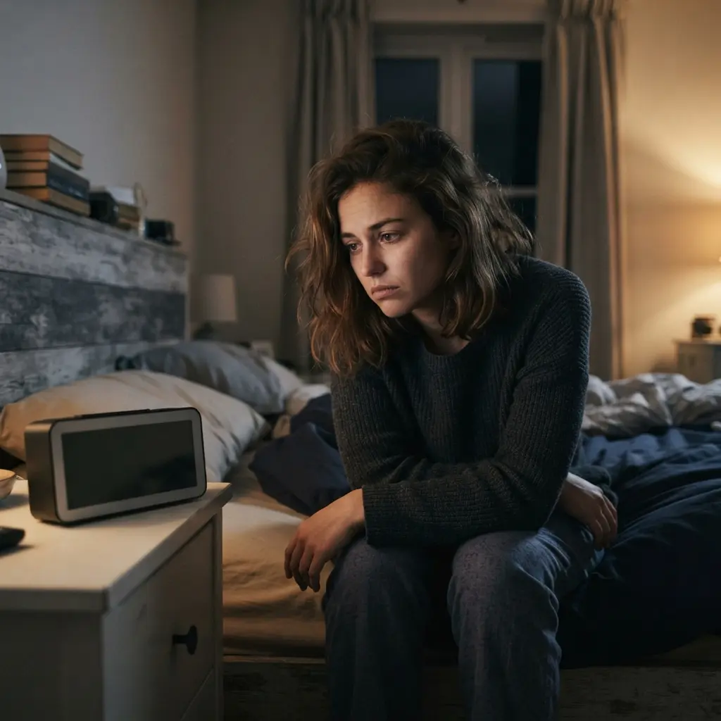 A person struggling to sleep, looking at a digital clock showing a late hour.
