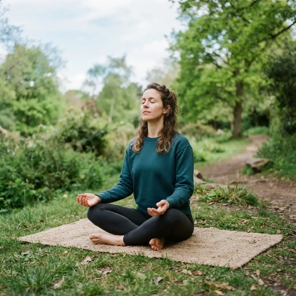 An individual practicing deep breathing exercises outdoors to manage stress.