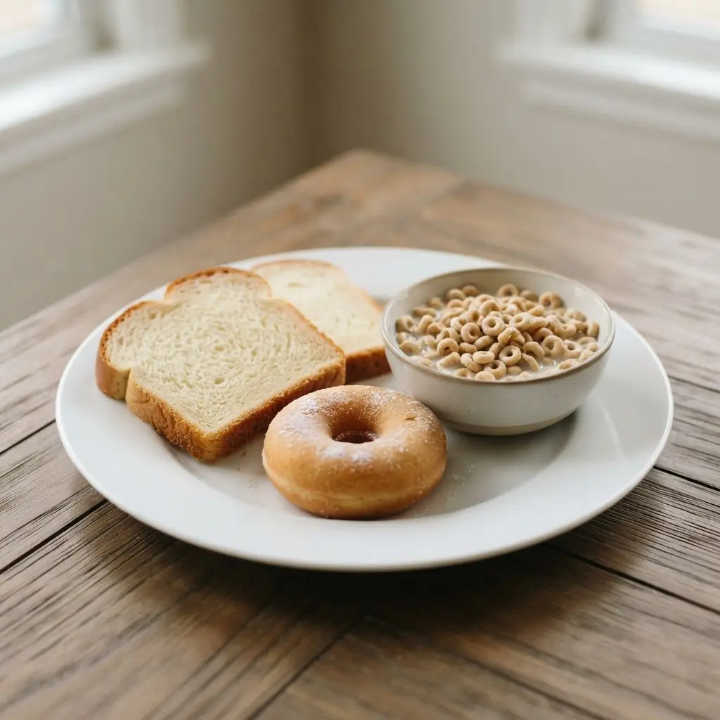 A selection of refined carbohydrate foods including white bread, donuts, and sweetened cereal.