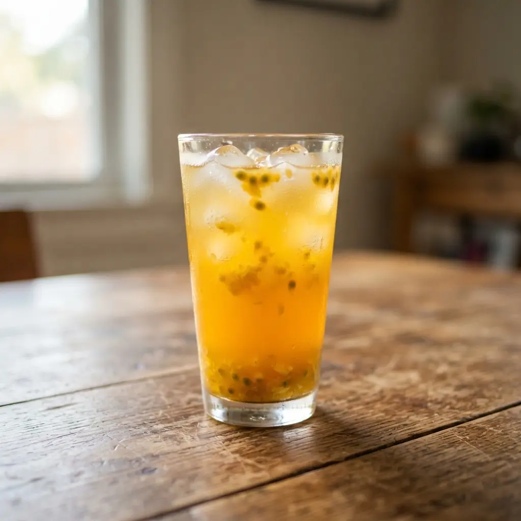 A vibrant orange tea with the seeds and pulp of passion fruit and sliced ginger.