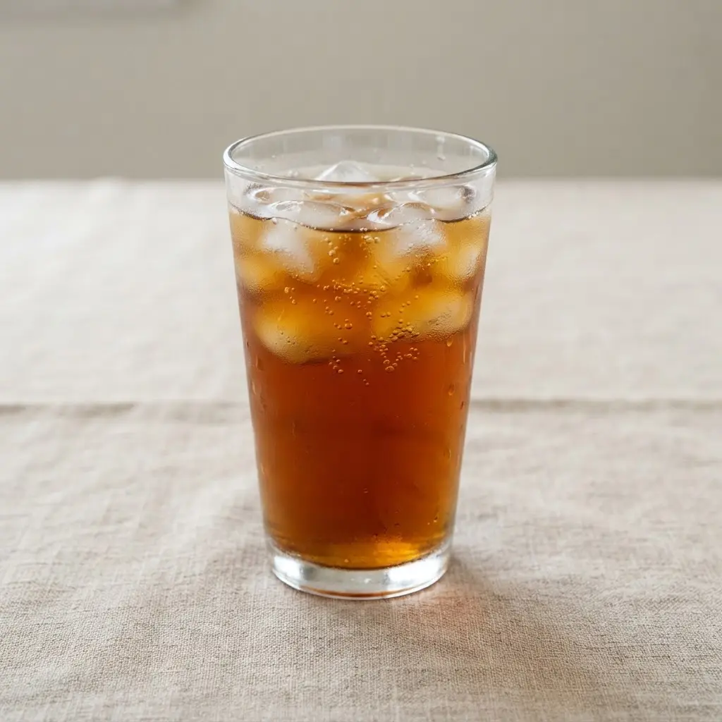 A tall glass of amber iced tea layered with sliced peaches and a sprig of rosemary.