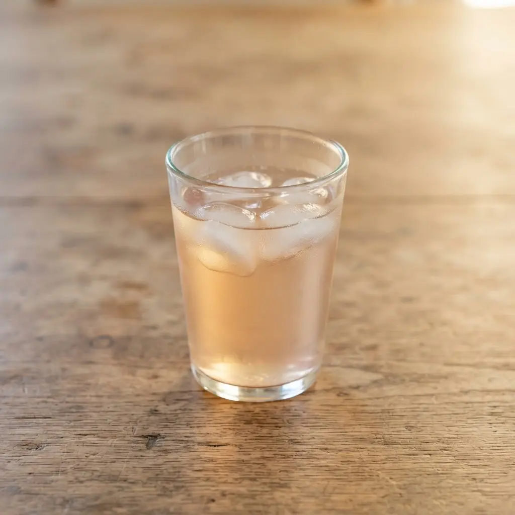 A light, fruity iced tea with fresh strawberries and basil leaves in the glass.