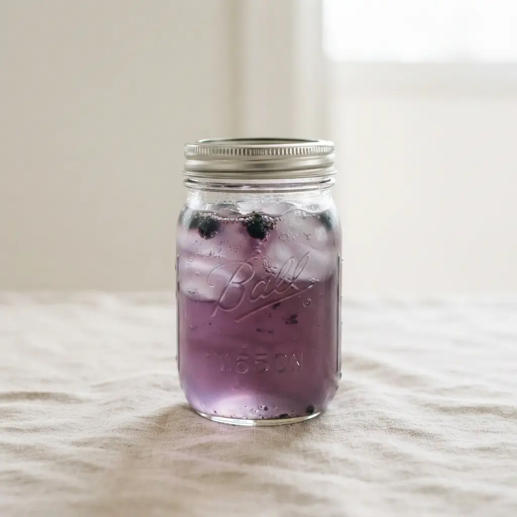 A delicate lavender and blueberry infusion served over ice in a mason jar.