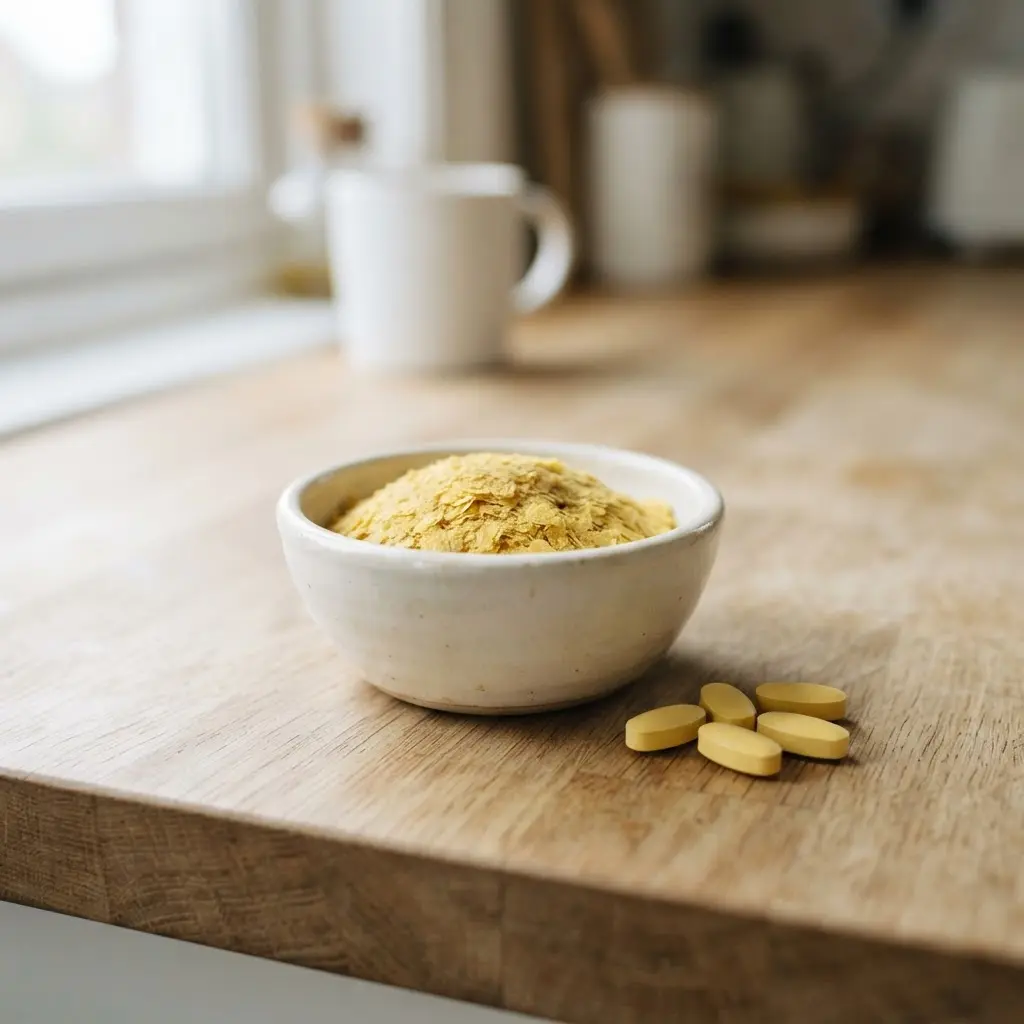 Essential B12 supplements and fortified yeast for a vegan diet, shown on a wooden table.