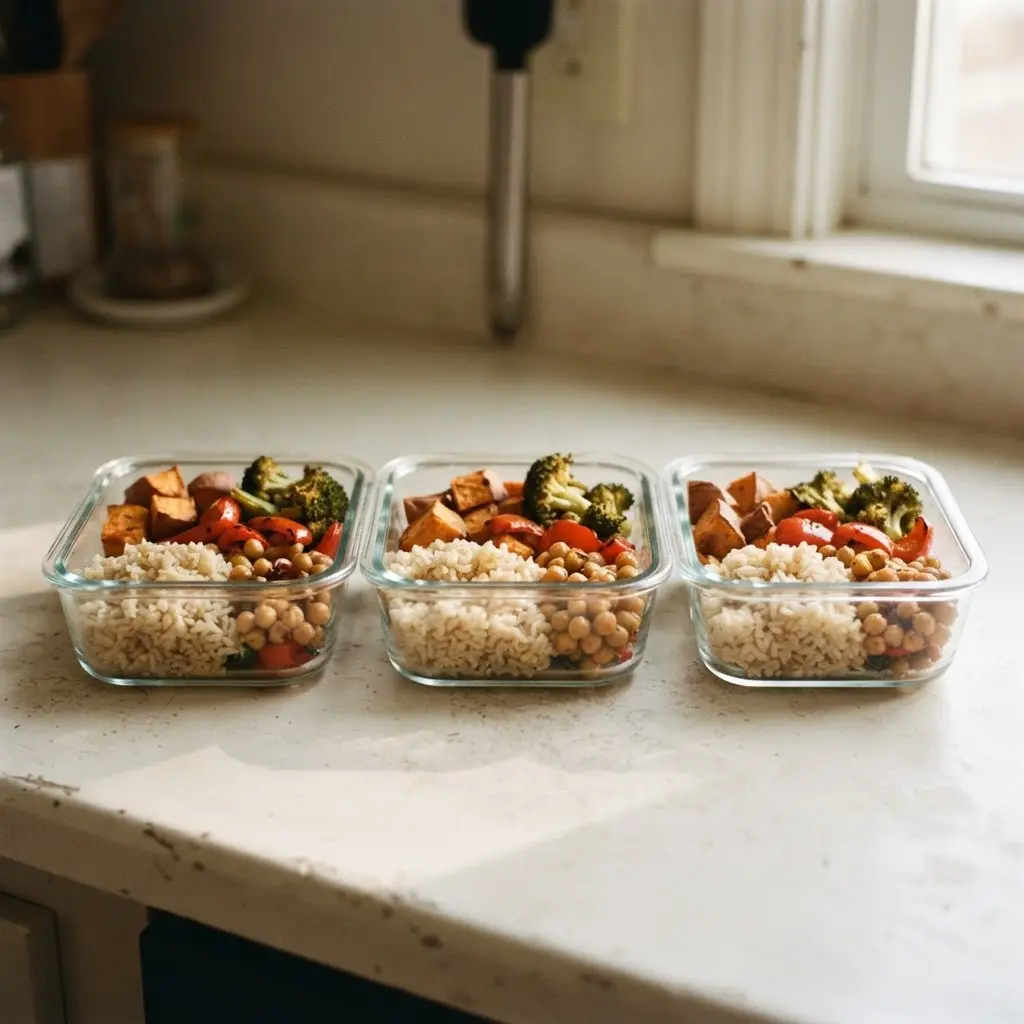 Meal prep containers with batch-cooked grains and vegetables for easy vegan meals throughout the week.