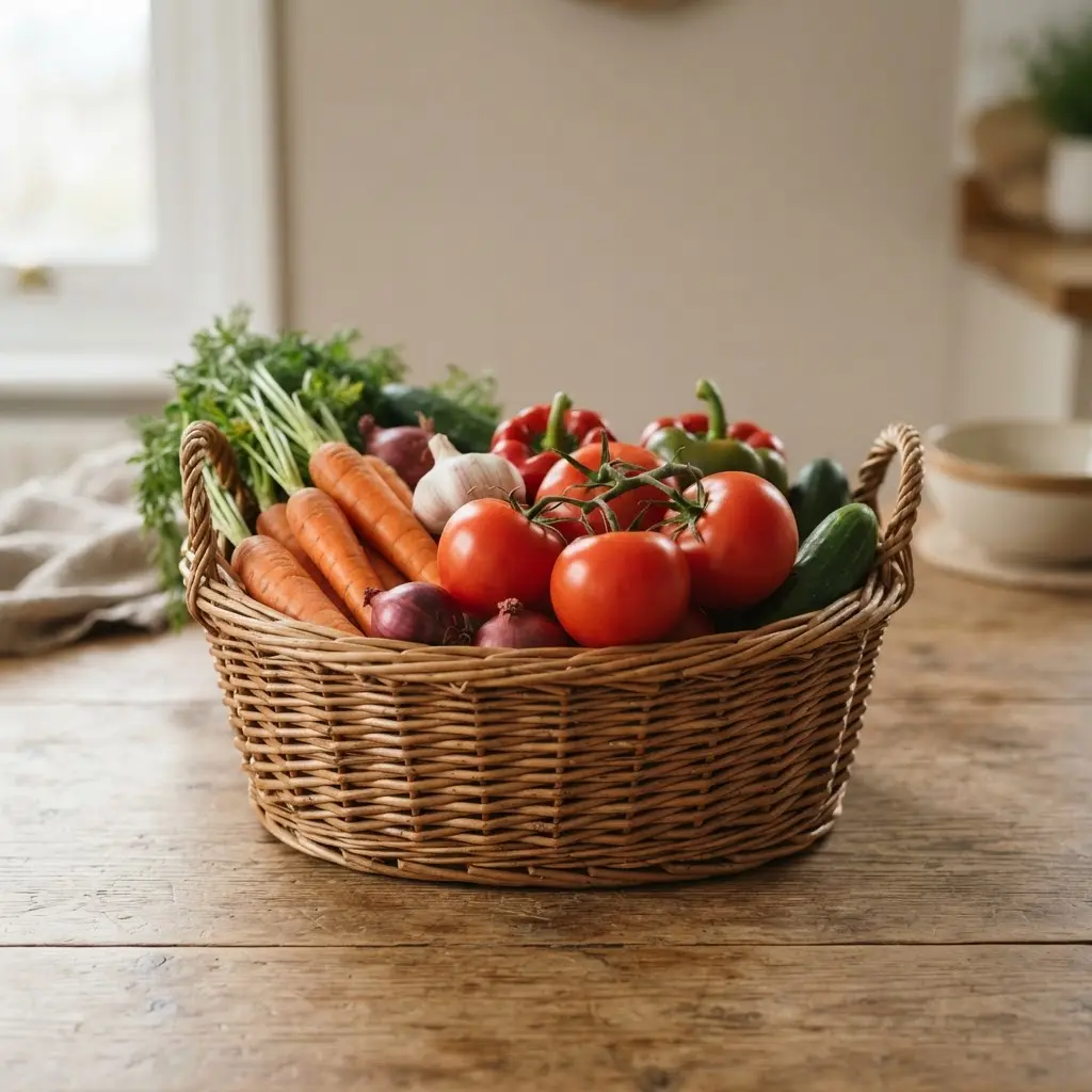 A basket of locally sourced, seasonal vegetables for a sustainable and fresh vegan diet.