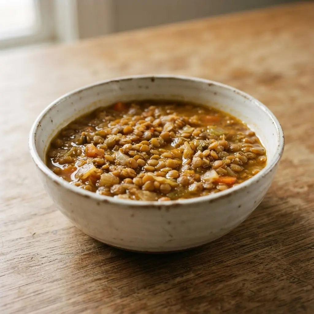 A bowl of lentil and spinach soup, a source of plant-based iron for a vegan diet, with a lemon wedge to enhance absorption.