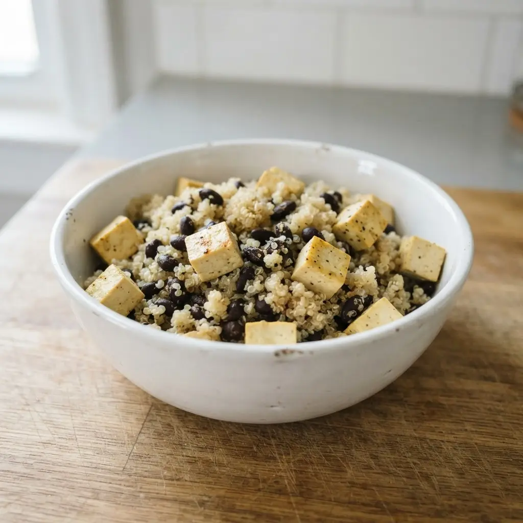 A combination of quinoa, black beans, and tofu providing complete protein for a plant-based eating plan.