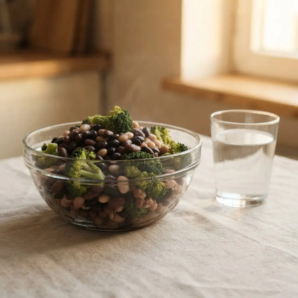 High-fiber foods like beans and berries for a vegan transition, with a glass of water to aid digestion.