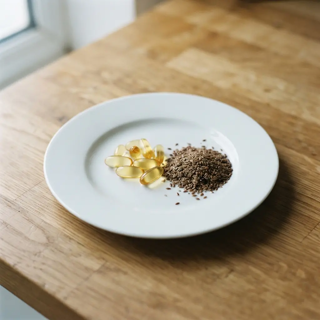 Vegan omega-3 sources including algae supplements and ground flaxseed for heart and brain health.