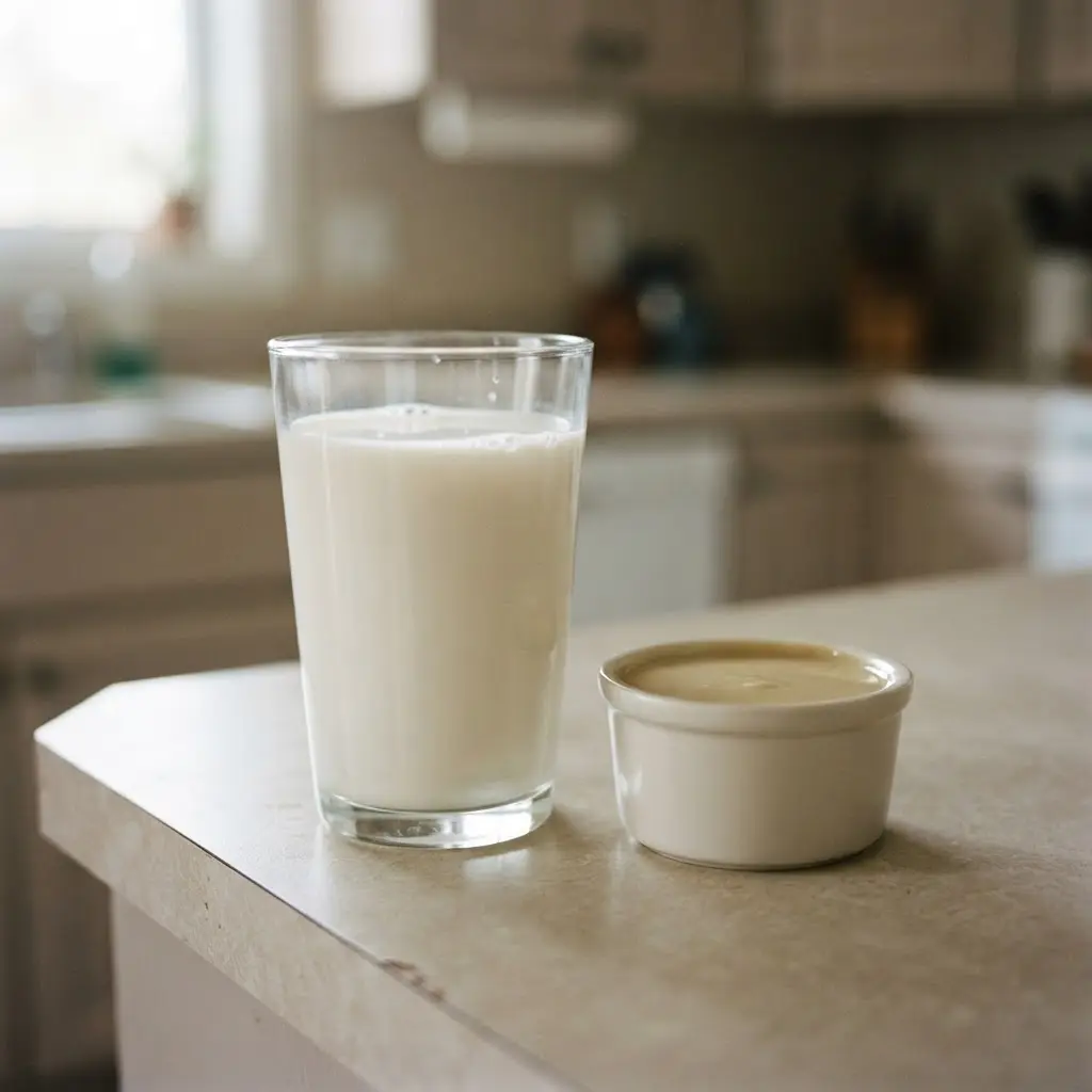 Plant-based calcium sources like fortified milk, kale, and tahini arranged on a kitchen counter.