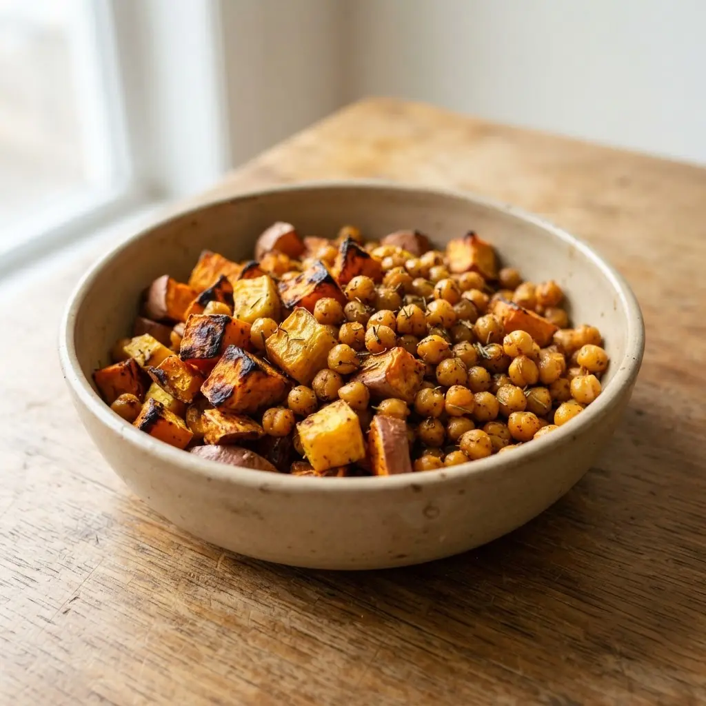 A calorie-dense vegan meal with avocado, nuts, and sweet potato to maintain energy levels.