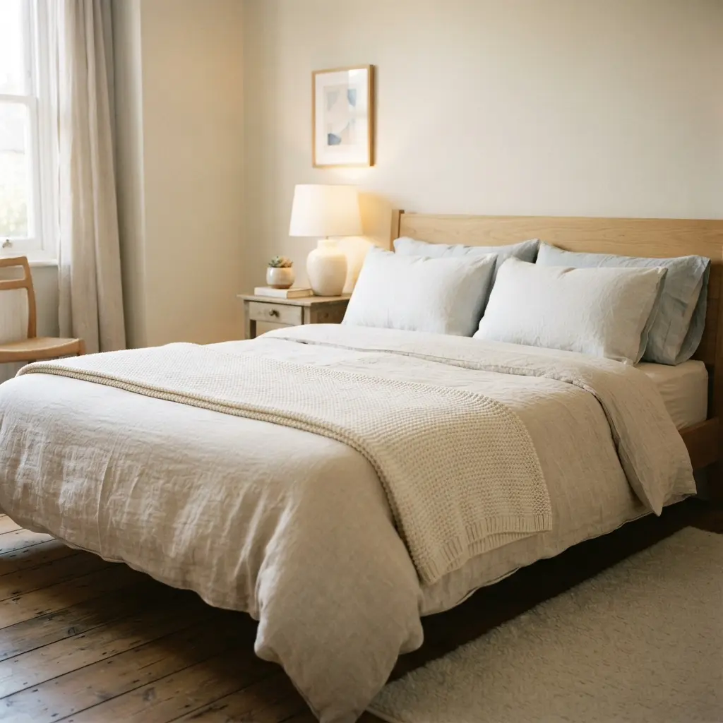 A calm, tidy bedroom with a made bed, dim lighting, and neutral, soothing colors.