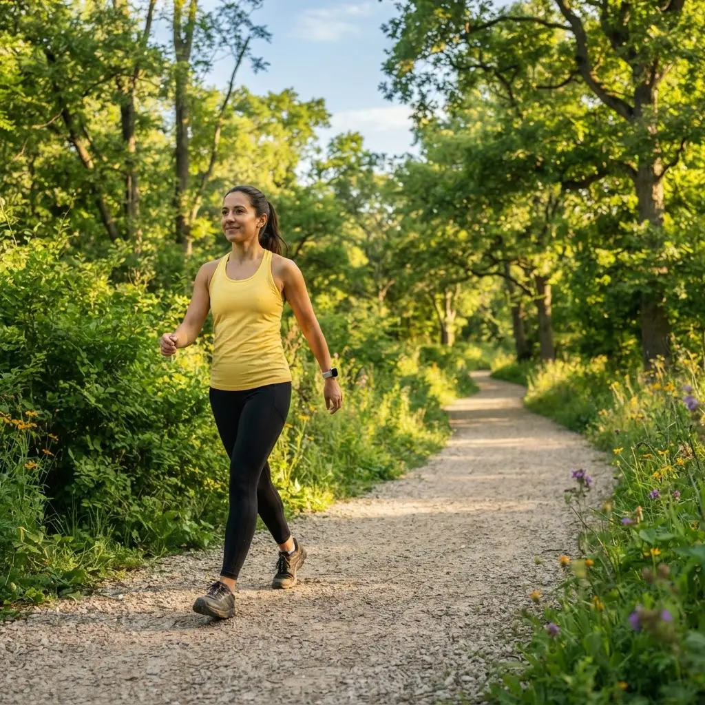 A person walking in a park during the daytime, surrounded by greenery.