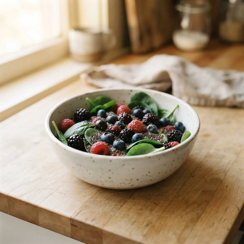 Colorful fresh produce and whole grains arranged on a wooden table.