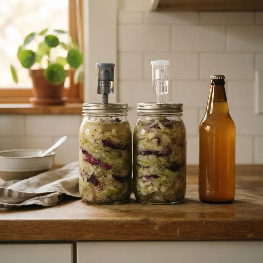 Glass jars of yogurt, kimchi, and sauerkraut on a kitchen counter.