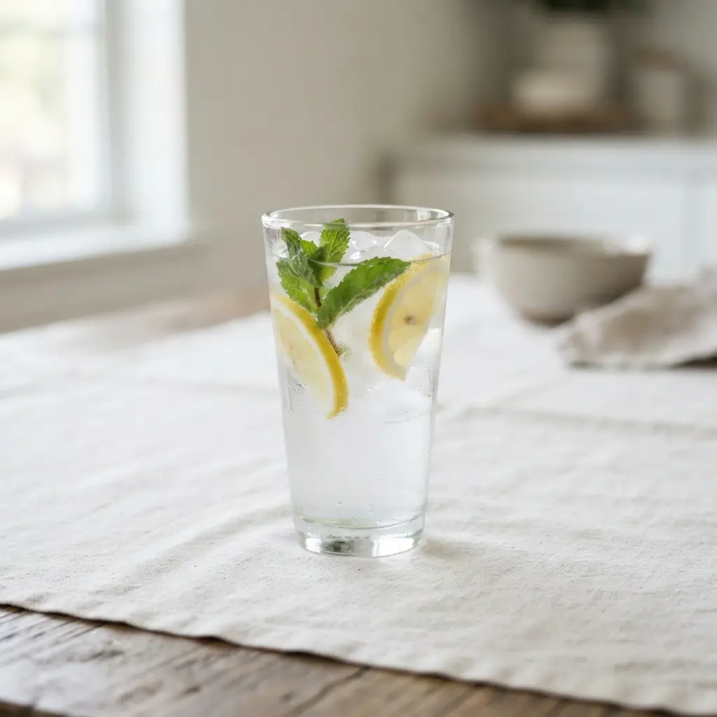 A hand holding a clear glass of water with fresh lemon slices.