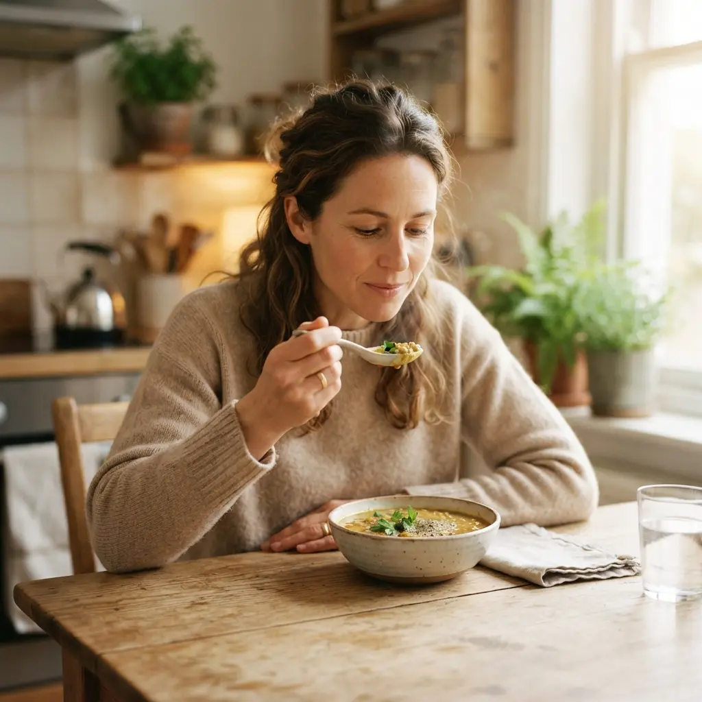 A person eating a colorful salad from a bowl, focusing on their meal.
