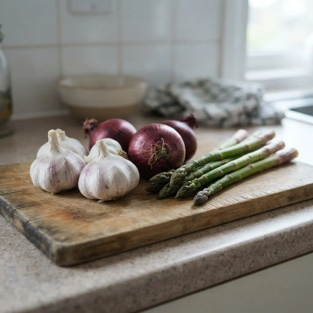 Fresh garlic, onions, and bananas on a rustic cutting board.