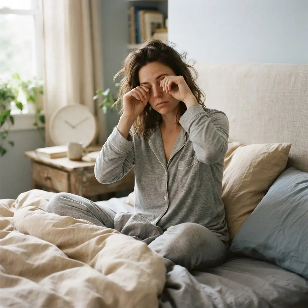 A tired person in bed at night, illustrating how poor sleep is an unexpected reason for weight gain.