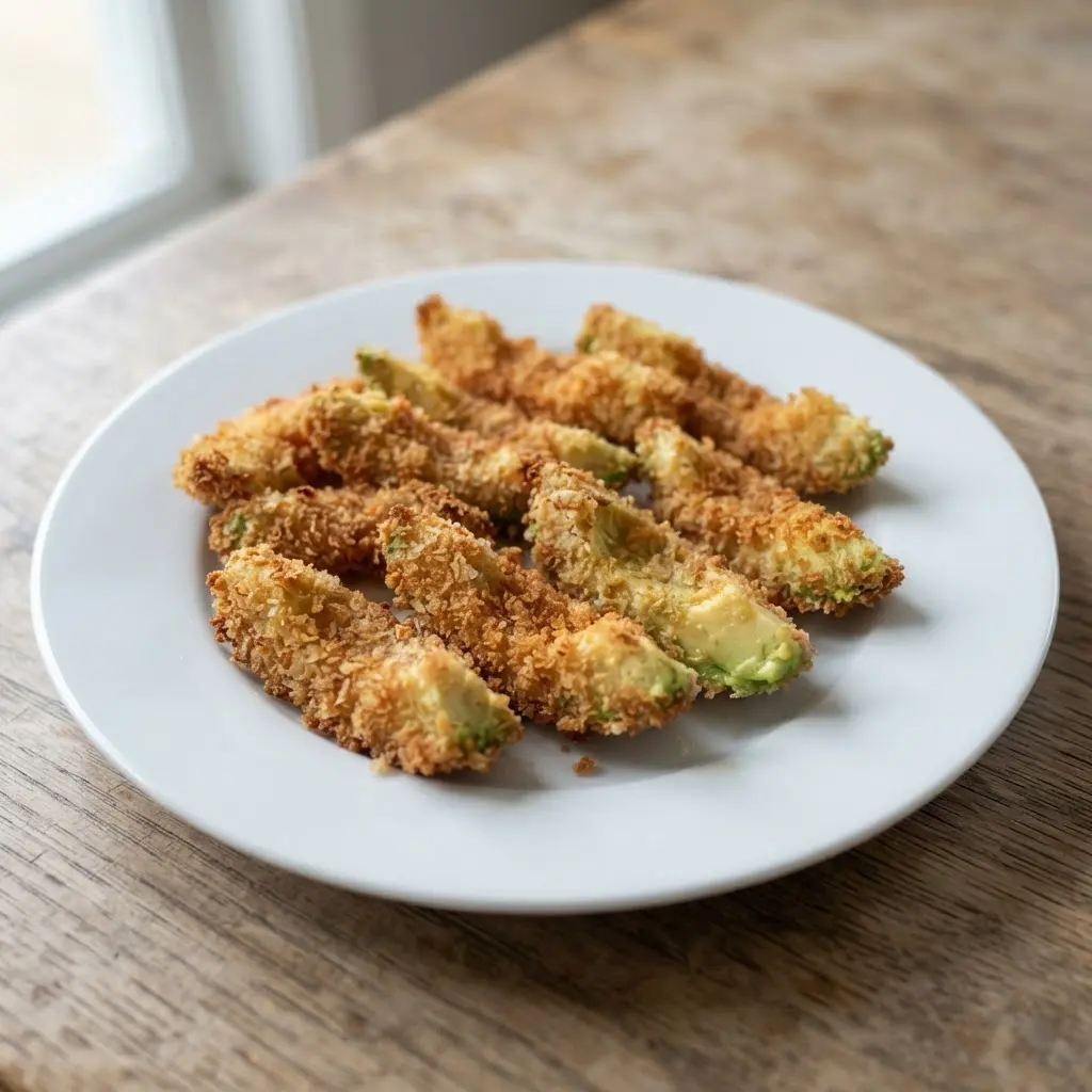 Golden crispy panko breaded avocado fries with a creamy green interior, served with a dipping sauce.