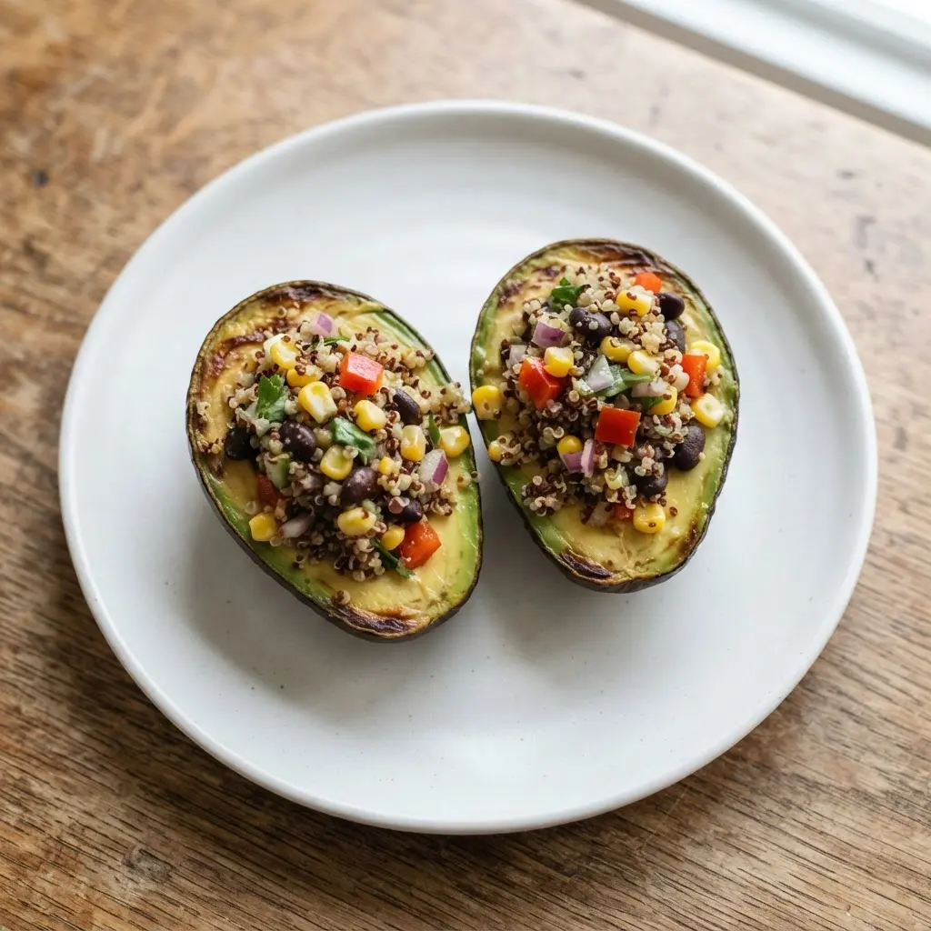 Two roasted avocado halves stuffed with a warm, colorful quinoa, corn, and black bean salad.