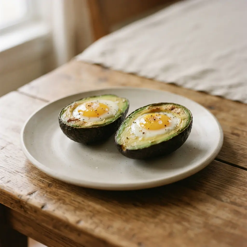 Two halved avocados roasted until warm and tender, each holding a sunny-side-up egg with runny yolk.