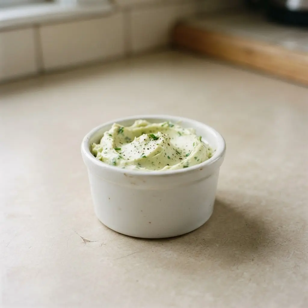 A creamy avocado and fresh herb compound spread in a small ceramic dish.
