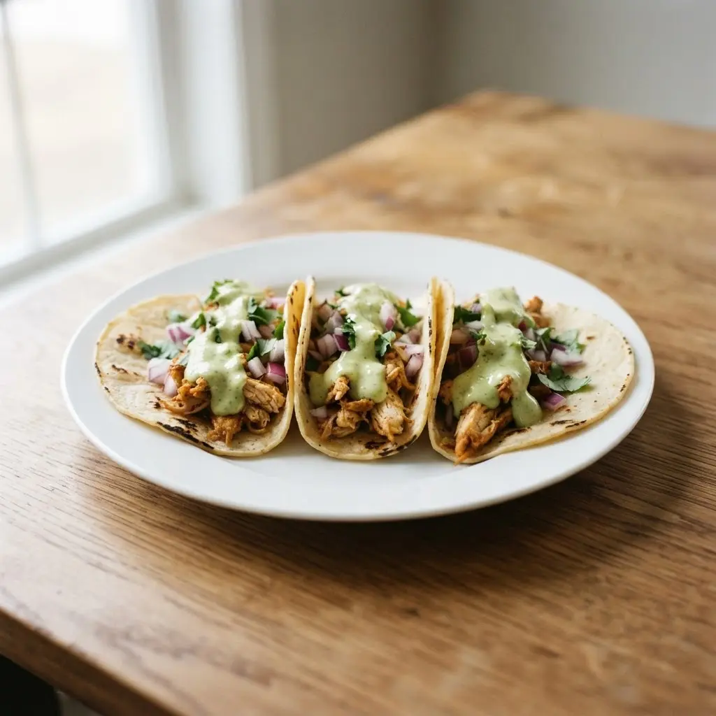 Creamy spicy avocado crema being drizzled from a bottle over a plate of loaded chicken tacos.
